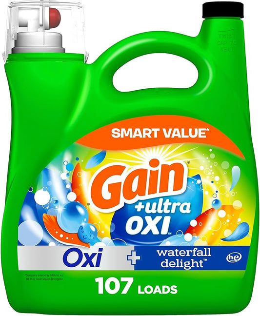 Gain Ultra Oxi Liquid Laundry Detergent, 107 loads, 154 fl oz, Waterfall Delight Scent, 2-in-1, HE Compatible