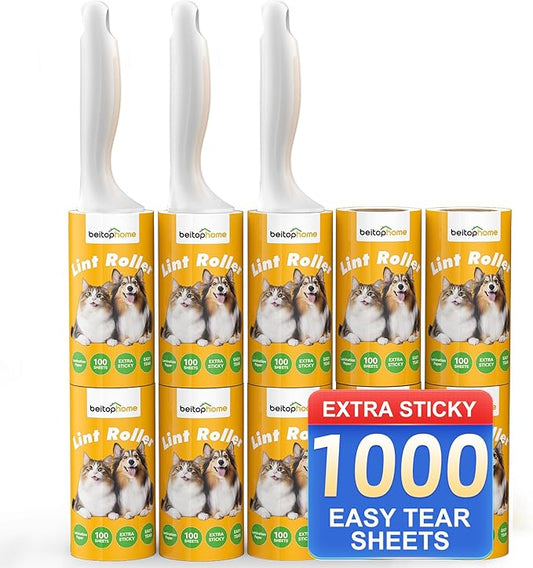 Extra Sticky Lint Roller, 1000 Sheets Value Pack with 3 Reinforced Handles, Tear-Resistant Sheets for Pet Hair, Clothes, Couch & Car