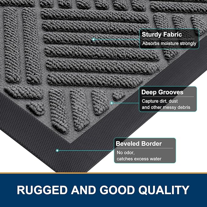 Smiry Front Door Mat Outside Entrance, Heavy Duty Outdoor Indoor Natural Rubber Doormat, Non Slip, Trap Dirt and Moisture, Easy Clean, Low Profile Patio Porch Entryway Mat, 47x17, Grey