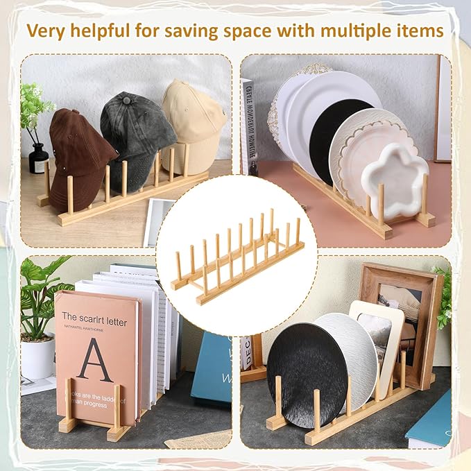 5 Pcs Bamboo Dish Racks, 8 Slots, Vertical Drainer, Plate Drying Stand Holder, Kitchen Cabinet Organizer for Dish, Pot Lids, Plates, Cups, and Cutting Boards and Books