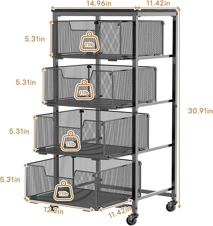 4-Tier Fruit Vegetable Storage Cart with Wheels, Wooden Top, Metal Wire Pull-Out Baskets for Kitchen Pantry, Cans and Snacks Organizer