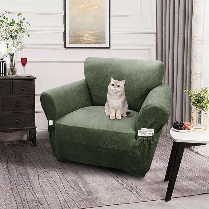 Single Sofa Cover Leather Look Chair Covers for Living Room 1-Piece Sofa Chair Covers with Arms Stretch Furniture Protector with Elastic Bottom & Pockets(Armchair, Army Green)