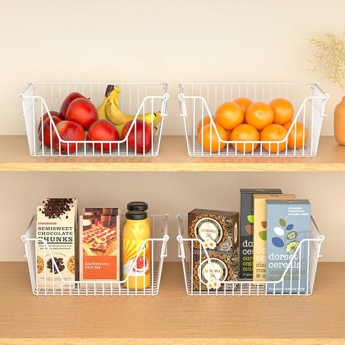 Slideep 14" Large Bin Baskets Stacking Baskets Sturdy Metal Wire Storage Baskets Organization with Handles for Pantry, Kitchen, Closets, Bathroom, Cabinets, Kitchen,White, Set of 3
