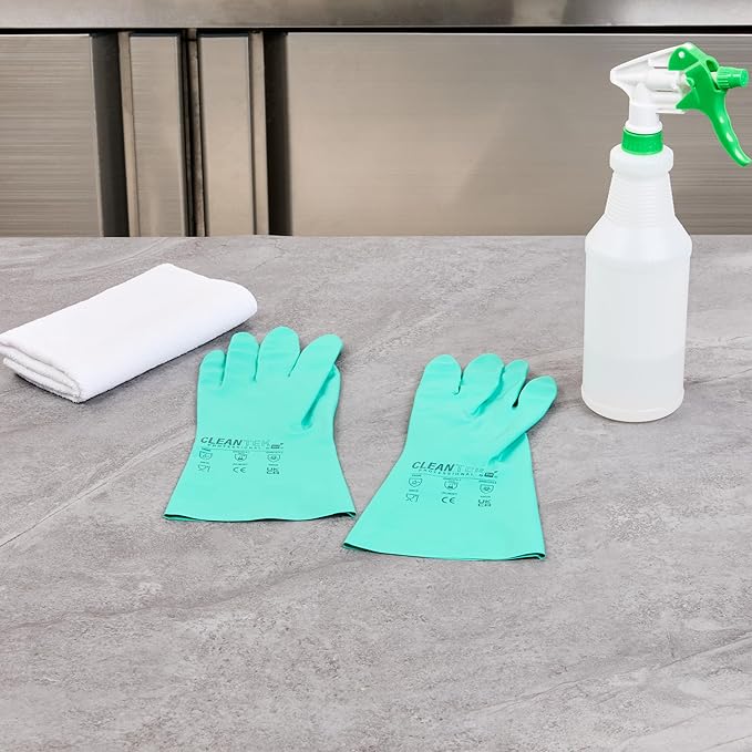 Restaurantware Green Cleaning Gloves 10 Pairs 15 Mil Thick Medium Heavy-Duty Nitrile Gloves With Long Cuff No-Latex Flock Lining For Use In Hospitals, Laboratories, Kitchens and Households