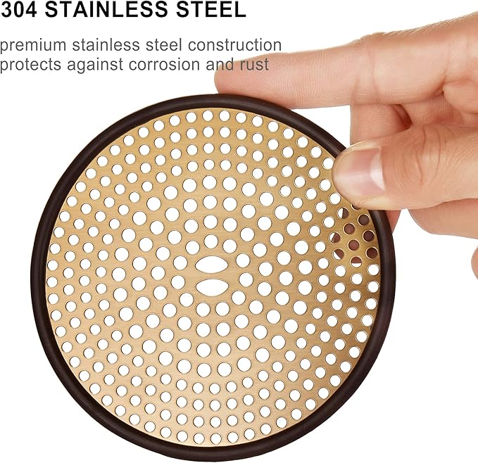 304 Stainless Steel Hair Catcher Shower Drain Cover with Silicone, Shower Stall Drain Strainer, Bathtub Hair Stopper, Bathroom Hair Trap Floor Drain Protector, Brushed Gold Brass 4.33 Inch Round Flat