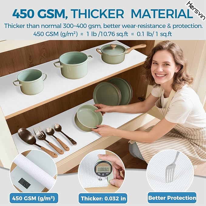 Hersvin Shelf Liners, 24 in x 20 ft Kitchen Drawer Mats, Non-Adhesive EVA Cupboard Protector, Cabinet Lining (White Dot)