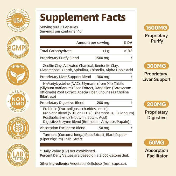 Totaria 2000MG Complete Binder Detox+ Activated Charcoal, Zeolite, Bentonite Clay, NAC, Milk Thistle, Probiotic, All-in-1 Detox & Cleanse Supplement, Liver & Gut Support, 120 Counts