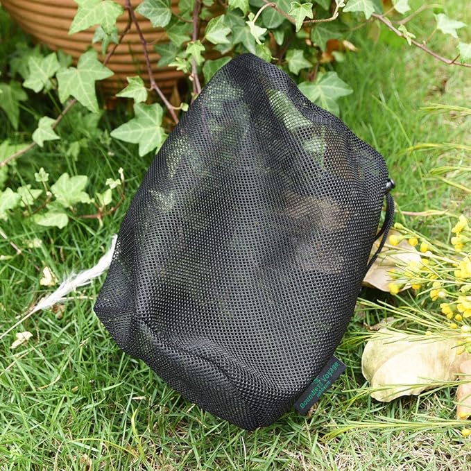 iBasingo 5pcs Black Mesh Bags - Nylon Sack Durable Drawstring Net Bags - Small Travel Sleeping Stuff Storage Ditty Bags for Cosmetics Shower Gels Bottle Pot Tennis Golf Ball Tools BVP01