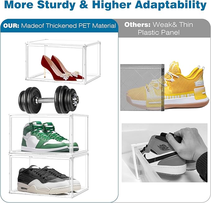 12 Pack Drop Front Acrylic Shoe Boxes with Magnetic Door Fit US Size 12, Clear Stackable Shoe Organizer for Closet, Entryway, Underbed, Multiple Display Cases for Hats, Figures, Sneakers