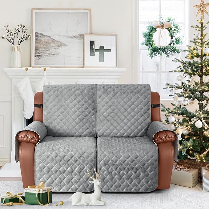 Ruaozz Waterproof Recliner Sofa Covers, 1-Piece Couch Covers for Reclining Couches Reclining Couch Cover Washable Furniture Protector with Elastic Straps Pocket for Kids Pets (Light Grey, 2 Seater)