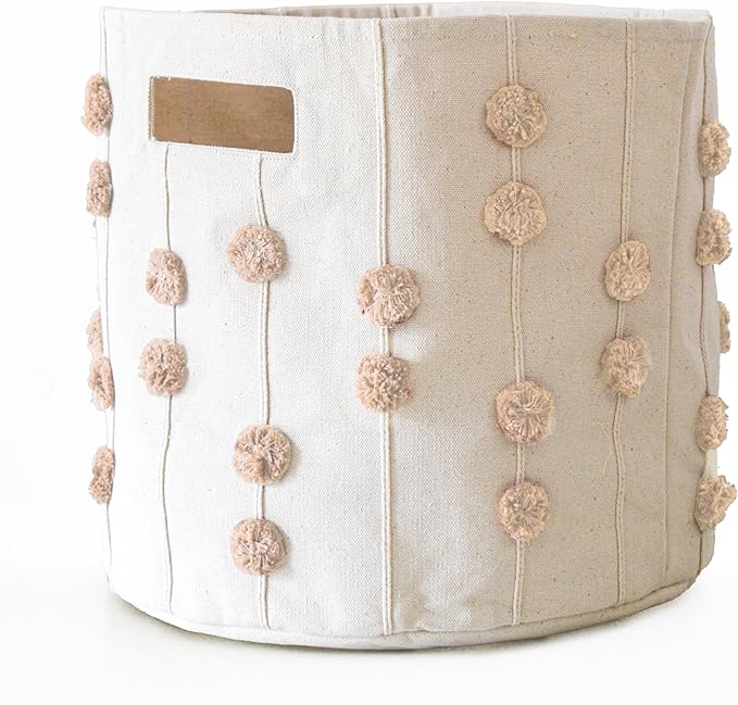 MakeMake Organics Storage Bins for Kids Nursery Bin Organizer (13"x12") Laundry Basket for Closet, Decorative Floor Storage Basket Canvas Fabric Storage Basket (Pompom - Pecan)