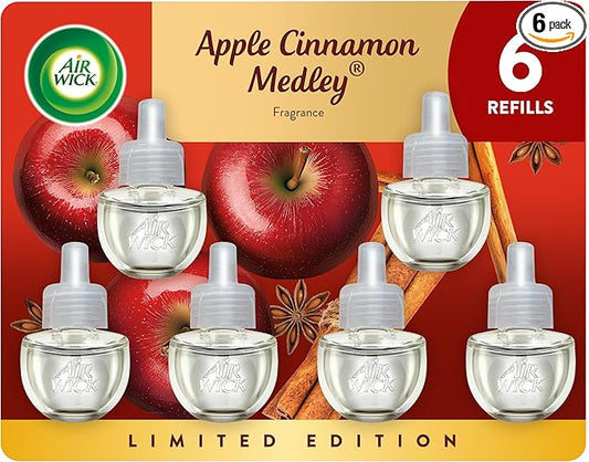 Air Wick Plug In Scented Oil Refill, Infused with Essential Oils, Plug In Air Fresheners for Home, Fall Scent, Fall Décor, Apple Cinnamon Medley, 6 ct