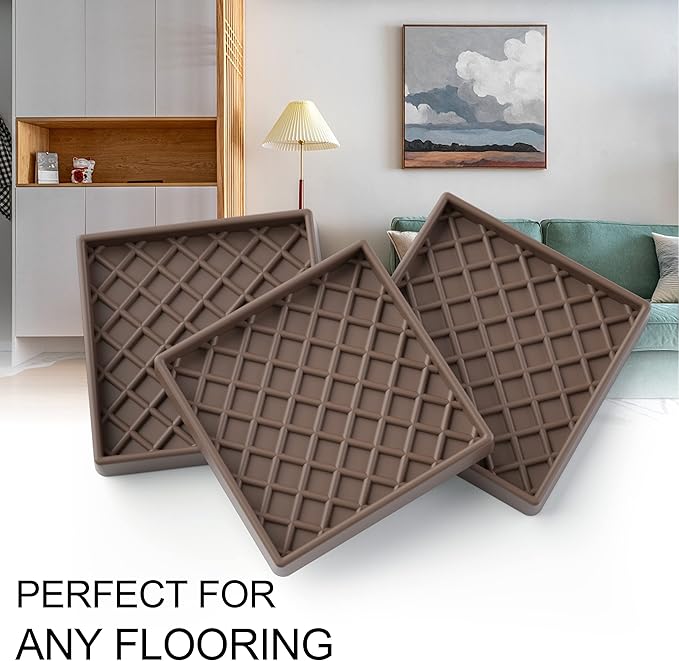 Furniture Coasters - 8 Pcs 3” Square Furniture Caster Cups Non Slip Pads Hardwoods Floors Non Skid Furniture Grippers Rubber Grid Feet Anti Slide Floor Protector for Bed Couch Stoppers Brown