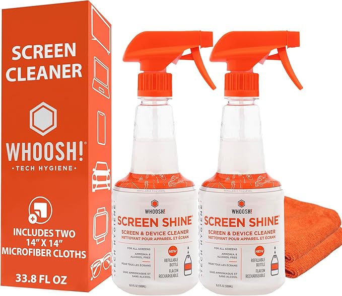 WHOOSH! Pro 16.9 fl oz Refillable TV Screen Cleaner & Microfiber Cloth - Streak-Free Cleaner for Flat Screens, OLED, LCD, Smart TV, Monitors - Non-Toxic, Odorless - Electronics Cleaning Kit, Set of 2