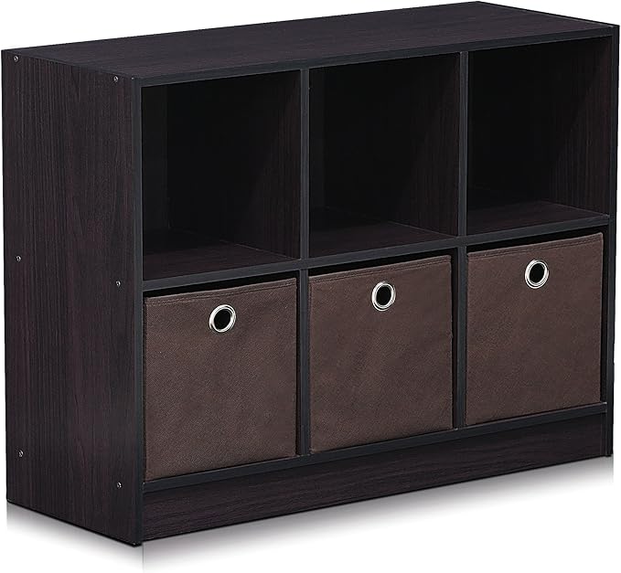Furinno BASIC Book Shelf, 6-Cube Bookshelf with Open Shelf, 3 x 2 Bookcase with Storage Bins, Closed Back, Horizontal, 11.9" x 31.6" x 23.6", for Living Room, Bedroom, Home Office, Dark Walnut
