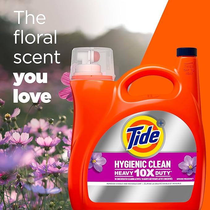 Tide Ultra Hygienic Clean Liquid Laundry Detergent, Spring Meadow Scent, 149 fl oz, 106 Loads, Removes visible and invisible dirt, Laundry Detergent Liquid