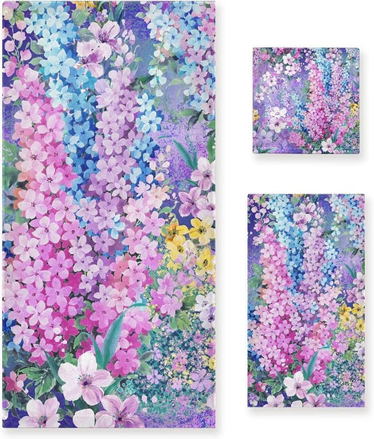 Purple Pink Blue Floral Towel Set, 3-Piece Soft Absorbent Set (1 Bath 1 Hand 1 Washcloth), Decorative Spring Garden Flower Towels for Bathtub, Shower, Hair, Face