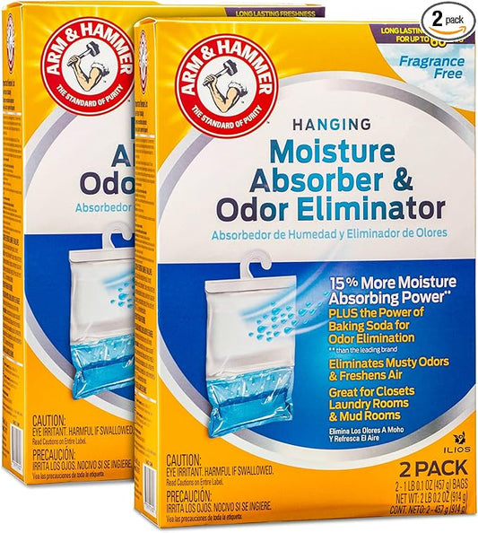 Hammer Hanging Moisture Absorbers and Odor Eliminator - 1 Fragrance Free & 1 Clean Burst - Humidity Packs Traps Moisture - Fresher Air - Humidity Absorber Dehumidifier Bags - 2 Pack, Packed by ILIOS