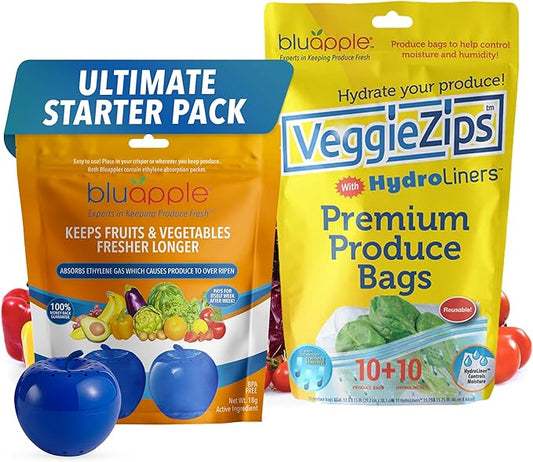 Bluapple Produce Saver Ethylene Gas Absorber - Fresh Fruit & Vegetable Storage, VeggieZips Humidity Control Storage Bags, Food Savers for Refrigerator, Kitchen Must Haves, BPA Free - Starter Pack
