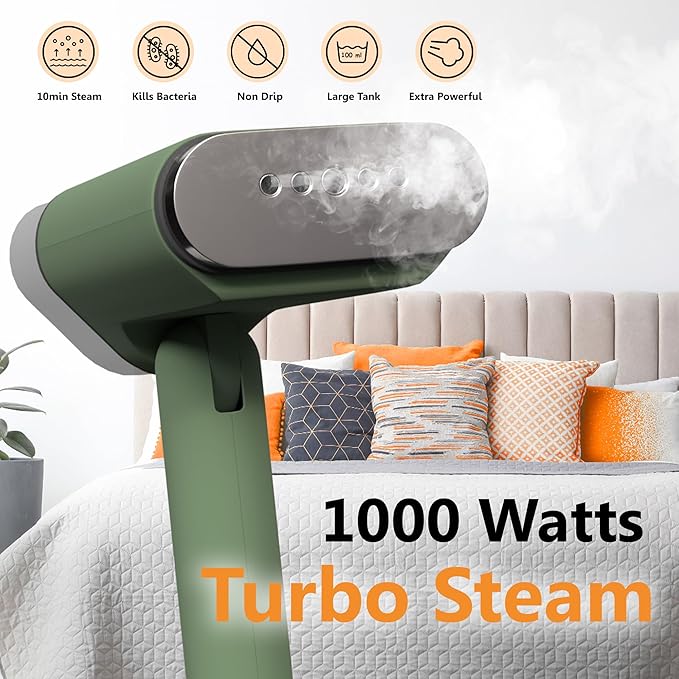 Pionix Handheld Garment Steamer - Foldable Handheld Steamer Clothes, 2-in-1 Horizontal & Vertical Fabric Steamer, Portable Hand Held Steamers for Clothes, 1000W Steam Press for Home & Travel -Green