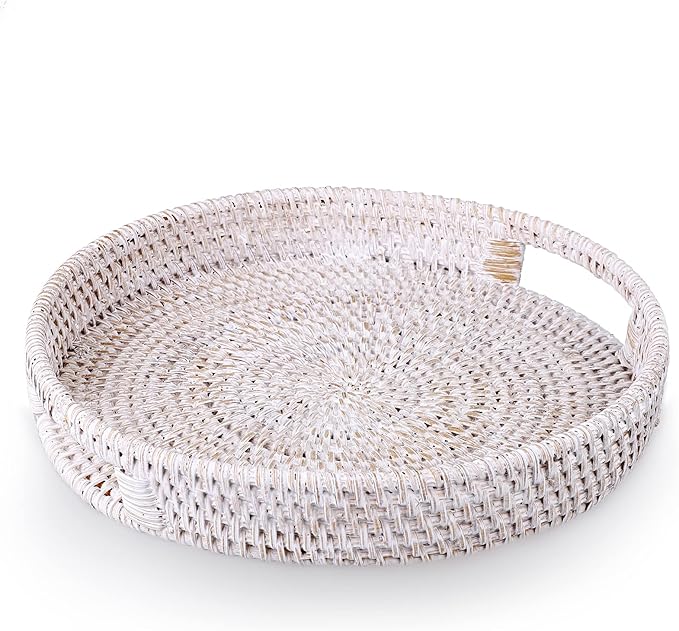 Hipiwe 10.4" Round Rattan Serving Tray with Handles - Handwoven Wicker Basket Storage Tray - Coffee Table Centerpiece - Home Decorative Basket - Whitewash