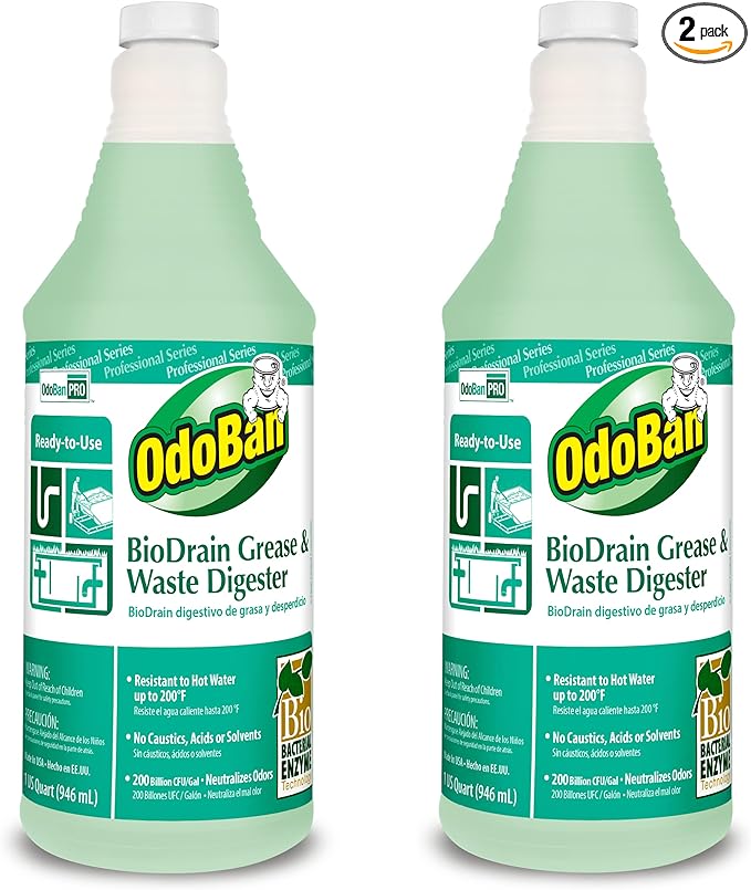 OdoBan Professional Cleaning Ready-to-Use BioDrain Grease and Waste Digester, Made in the USA, Set of 2 Bottles, 32 Ounces Each