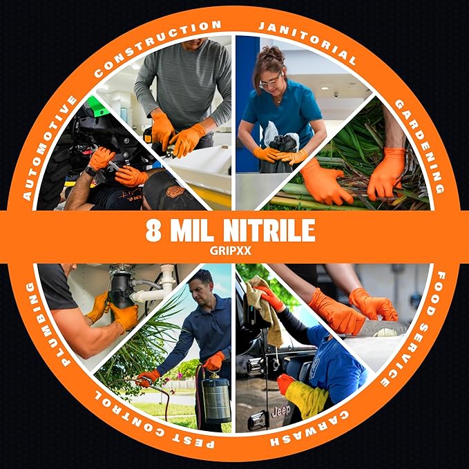 Herkules Grip Heavy Duty 8Mil Orange Nitrile Gloves,3D Raised Diamond Texture-Latex & Powder Free-Industrial, Mechanic (1, Medium)