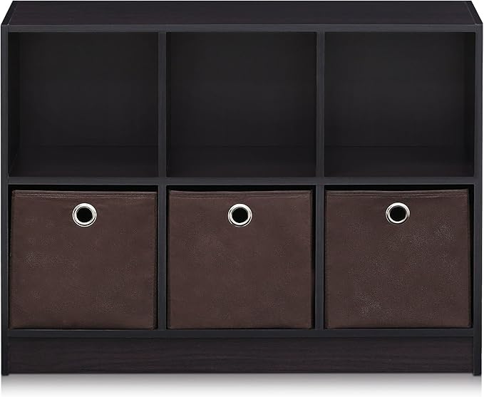 Furinno BASIC Book Shelf, 6-Cube Bookshelf with Open Shelf, 3 x 2 Bookcase with Storage Bins, Closed Back, Horizontal, 11.9" x 31.6" x 23.6", for Living Room, Bedroom, Home Office, Dark Walnut