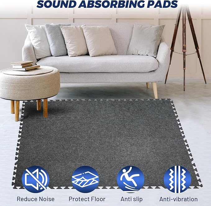 Focusound 20Pcs Sound Absorbing Interlocking Drum Rug, 11.8 x 11.8 x 0.4 inches High Density Soundproof Floor Mats, Non-Slip Anti Vibration Piano Carpet Drum Mat for Music Studio, Grey