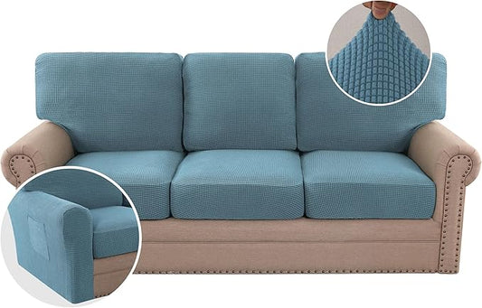 H.VERSAILTEX Multi-Pieces Sofa Covers Stretch Couch Covers Form Fitted Seats and Back Cushions Covers (3 Seat Covers Plus 3 Back Cusion Covers, Bonus 2 Armrest Covers), Storm Blue
