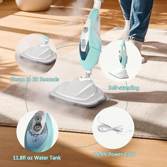 Steam Mops for Floor Cleaning, Handheld Steam Cleaner for Home, Lightweight All in 1 Steam Mop Detachable Steamer for Hardwood Floor Tile Couch, 2 Washable Pads, 1550W Deep Cleaning, White and Green