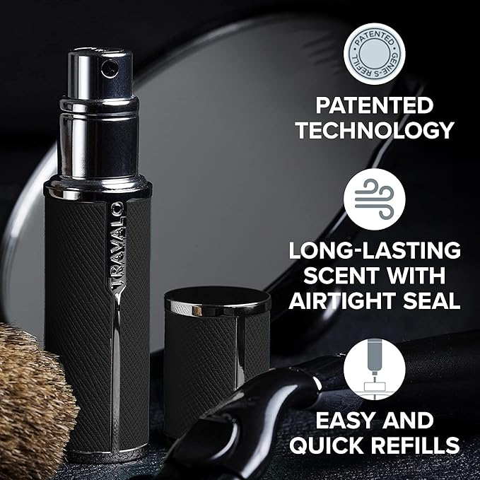 Travalo Milano Perfume Atomizer - Leak-Proof and TSA Approved for Air Travel - Reusable, Airtight, Easy Fill Mini Pump Sprayer - Lightweight Vegan Leather with Polished Metal Outer Shell - Black