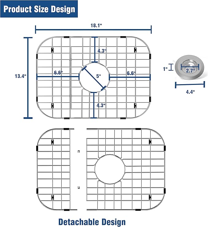 Stainless Steel Sink Protector 18-1/8" x 13-3/8" with Center Drain, Metal Sink Rack for Bottom of Sink, Kitchen Sink Grate and Sink Protectors with Sink Strainer (18-1/8" x 13-3/8" - Center Drain)