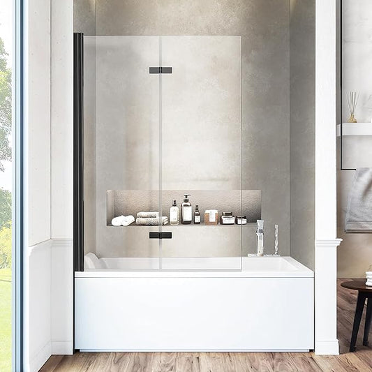 Bathtub Folding Shower Glass Door, 36" W*55" H Pivot H-Type Frameless Tub Shower Door, Clear Tempered Glass Shower Screen Panel for Bathroom, Matte Black