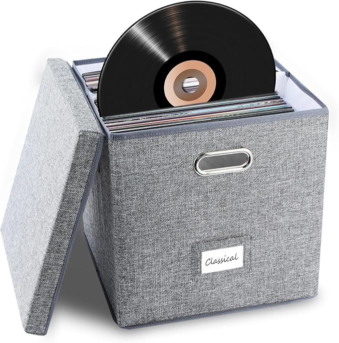 Sturdy Vinyl Record Storage Box - Album Storage Holds up 50+ Single Record, LP Storage Organizer Crate With Lid, Decorative Moving Box For Records, Solutions to Protect Your Precious Collection Grey