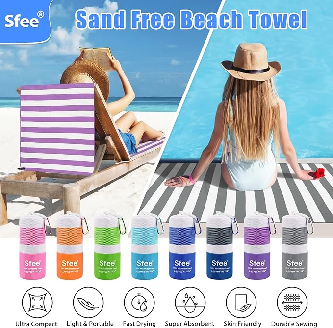 Sfee 2 in 1 Microfiber Beach Towel, Quick Dry Towel Camping Towel Travel Towel Super Absorbent Compact Lightweight Sports Gym Towels Set for Beach, Gym, Hiking, Pool, Backpacking, Bath, Yoga