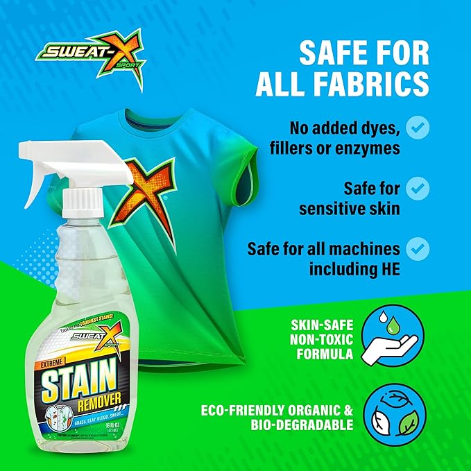 SWEAT X Extreme Stain Remover Spray for Clothes - Professional Laundry Stain Remover Spray for Performance Fabrics & Activewear - Powerful Stain Treater & Spot Remover for Clothes - 16 oz (2 Bottles)