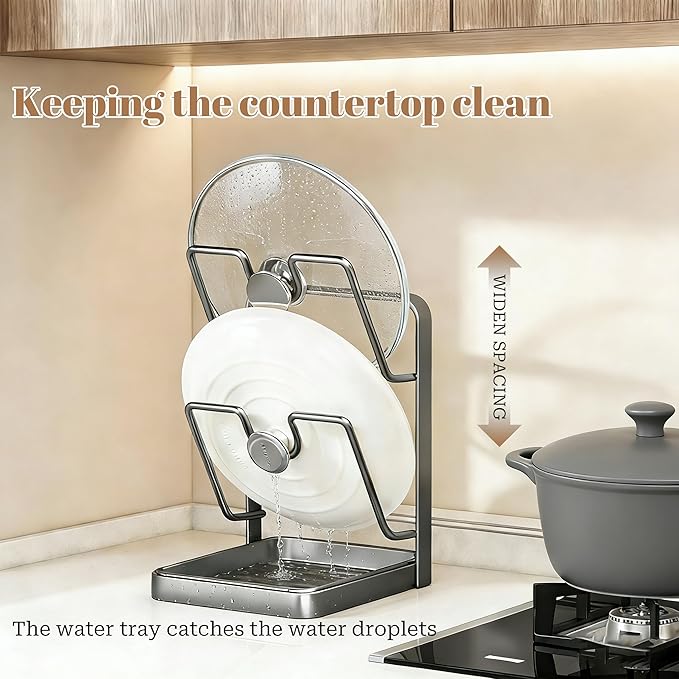 304 Stainless Steel Kitchen Pot Lid Storage Rack, Pot Lid Holder while Cooking, Pot Lid Organizer with Removable Tray & Spoon Rest,Waterproof & Rustproof(Beige+Grey, 2 Layer)