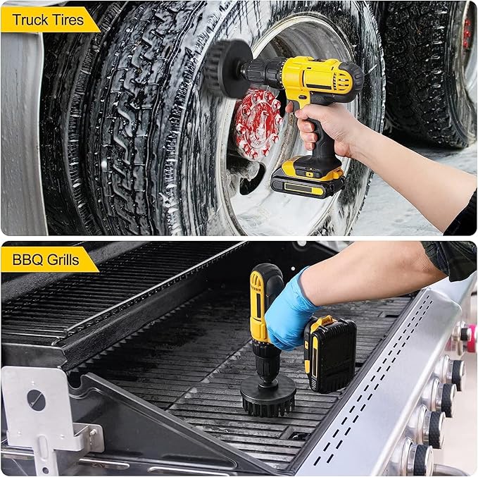 HUAWELL 8 Piece Black Drill Brush Ultra Stiff Cleaning Brush with Extend Attachment Set- All Purpose for Bathroom Surfaces, Grout, Smokers, Grills, Floor, Tile and Hard Water(Black)