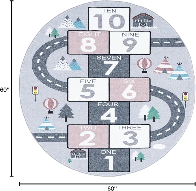 SAFAVIEH Washable Rug Kids Playhouse Collection - 5' Round, Grey & Pink, Slip Resistant & Easy to Clean, Ideal for Kids Room, Playroom, Nursery, Boys & Girls Room (KPH226A)