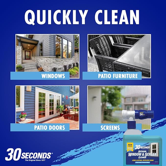 30 SECONDS Outdoor Window & Screen Concentrated Cleaner for Glass, Patio Doors, Fiberglass, Furniture - No Screen Removal Required, Spray & Rinse - Refill for Hose End Sprayer Bottles, 1.1 Gallon