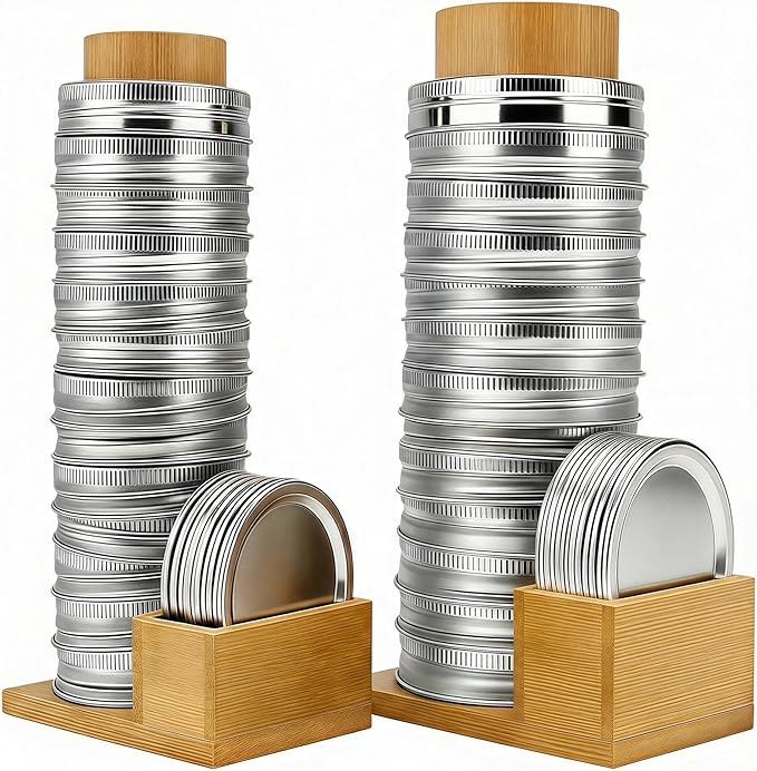 Mason Jar Lid Holder & Organizer Bamboo Storage Rack for Regular and Wide Mouth Lids and Rings Space-Saving Kitchen Mason Jar Accessories 2 Pack Holds 24 Lids & 24 Rings