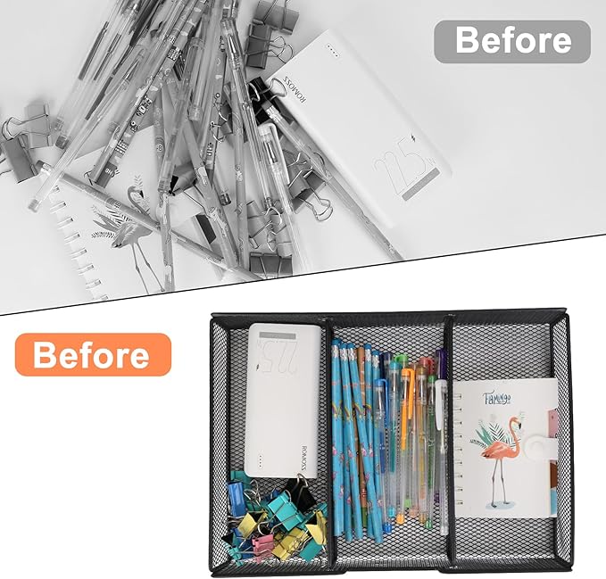Desk Drawer Organizer, Office Junk Drawer Organizer Tray with 3 Compartments, Metal Mesh Pen Pencil Storage Box for School Office Desk Accessories Supplies Cosmetic Organization, 12.59x9.25x2.36 in