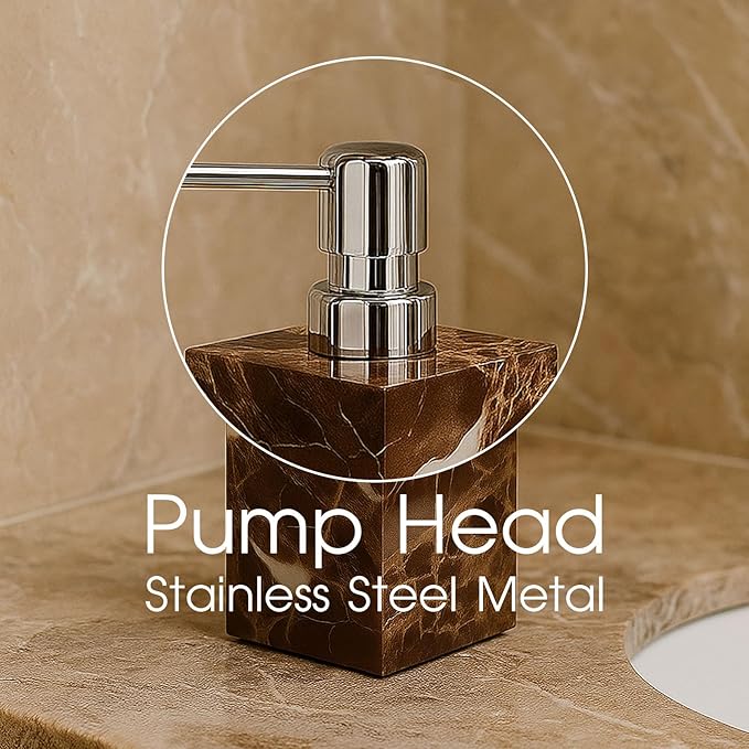 Real Natural Marble Soap Dispenser with Stainless Steel Pump Decorative Liquid Hand Soap Bottle for Kitchen Bathroom, Compatible with Lotion, Dish Soap Shower Gel (Coffee 1 Set)