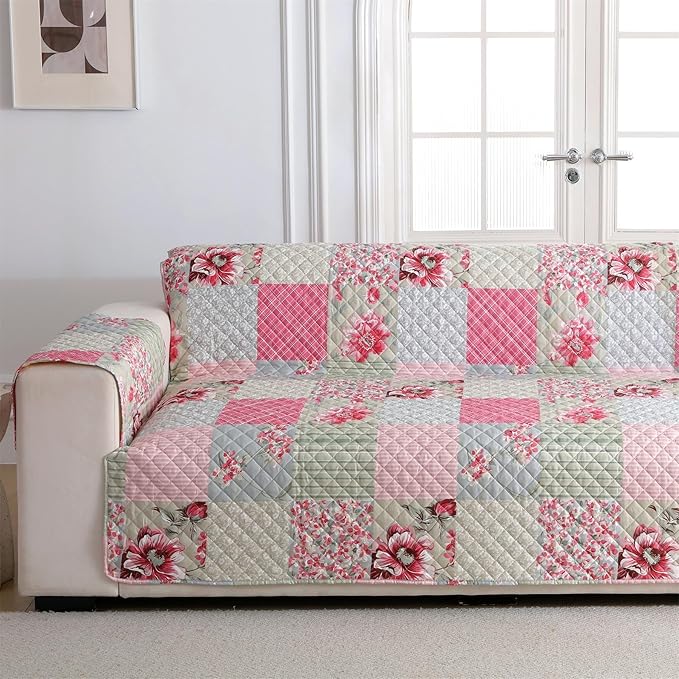 Cmfshape Skidproof Sofa Cover-Patchwork Sofa Slipcover with Elastic Straps-Easy Fit Slip Cover-Rose Washable Furniture Protector for Pets and Kids(Loveseat,Pink&Grey)