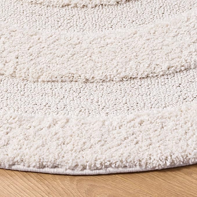 SAFAVIEH Florida Shag Collection Area Rug - 5' Round, Creme & Creme, Border Design, Non-Shedding & Easy Care, 1.2-inch Thick Ideal for High Traffic Areas in Living Room, Bedroom (SG454-1111)