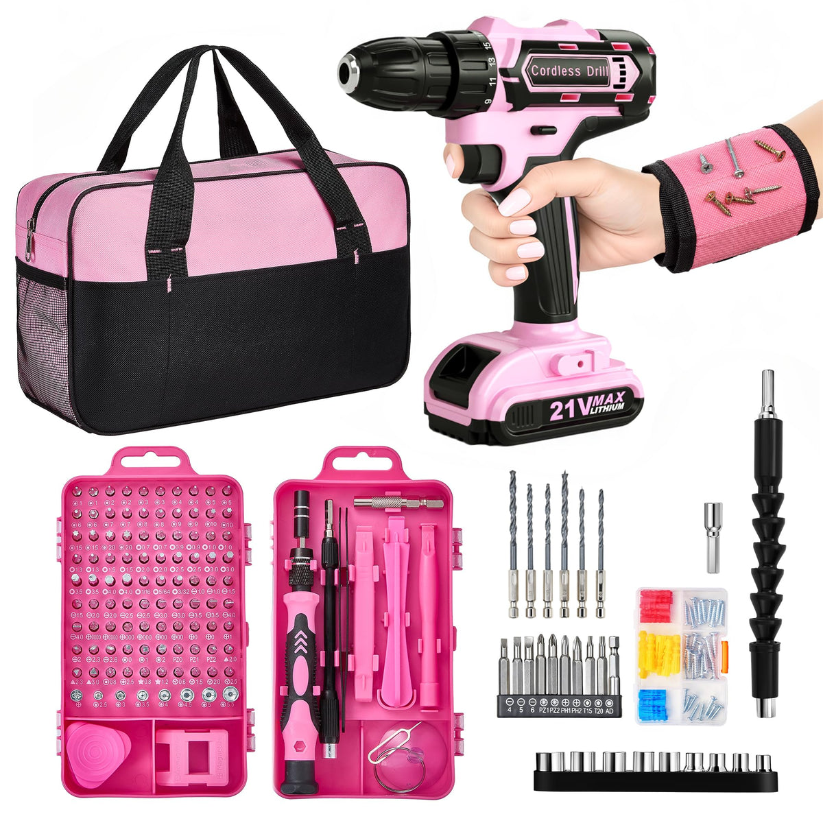 Pink Cordless Drill Set 202 Pcs, 21V Pink Power Drill Tool - Image 1