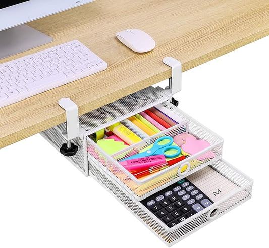 ROSYLINE Under Desk & Desktop Drawer Organizer - 2-Tier Metal Slide Out Drawers Organizer, Storage for Home Office Desk (White)