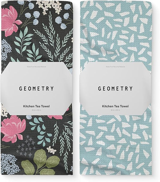GEOMETRY Kitchen Tea Towels - Quick Dry Microfiber Dish Towels for Kitchen Pretty Petals, 18" x 30" 2 Pack