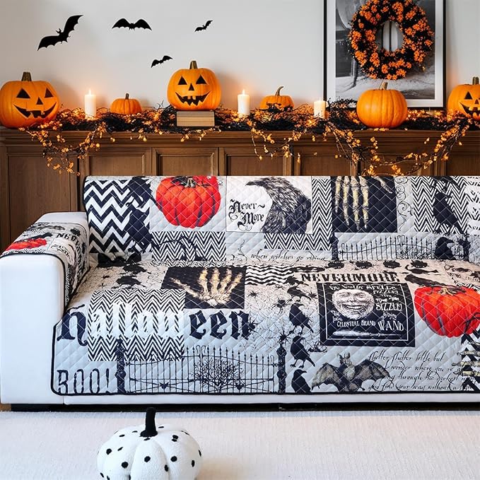 Cmfshape Halloween Skidproof Sofa Cover-Festival Sofa Slipcover with Elastic Straps-Easy Fit Slip Cover-Patchwork Washable Furniture Protector for Pets and Kids(Sofa,Black)
